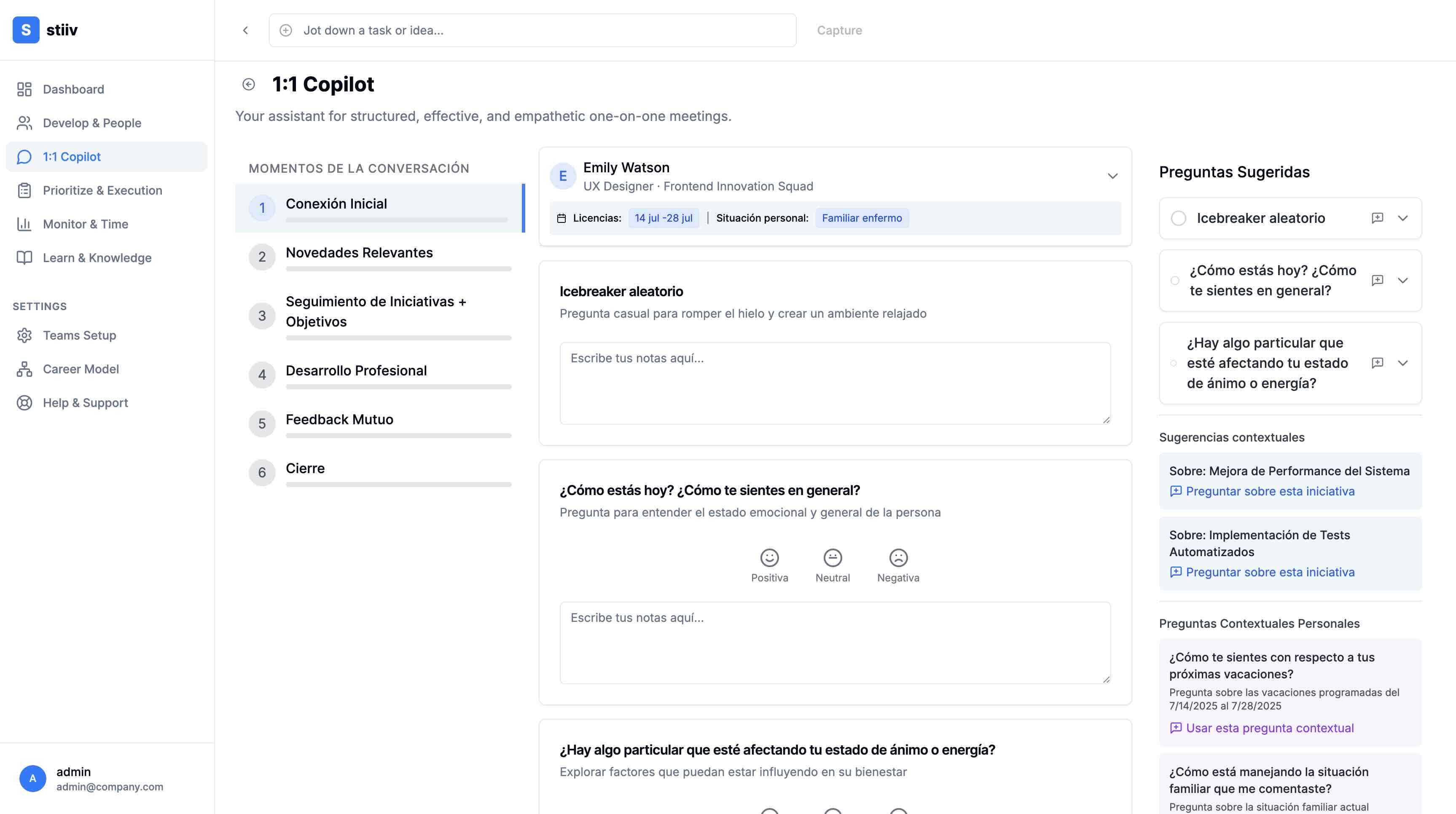 Stiiv platform dashboard showing 1:1 Copilot feature with structured conversation flow